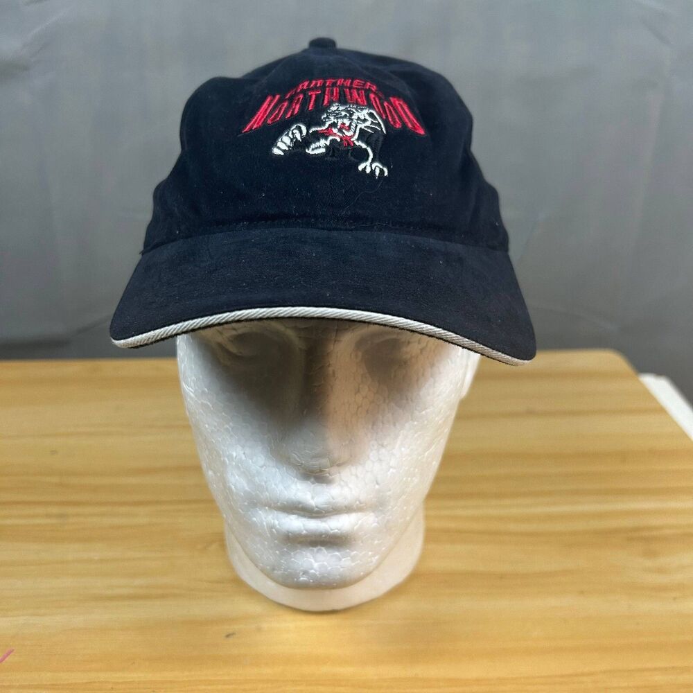 Vintage North Wood Panthers Nu-Fit Hat Cap Size S/M Black Cotton Embroidery Vtg
